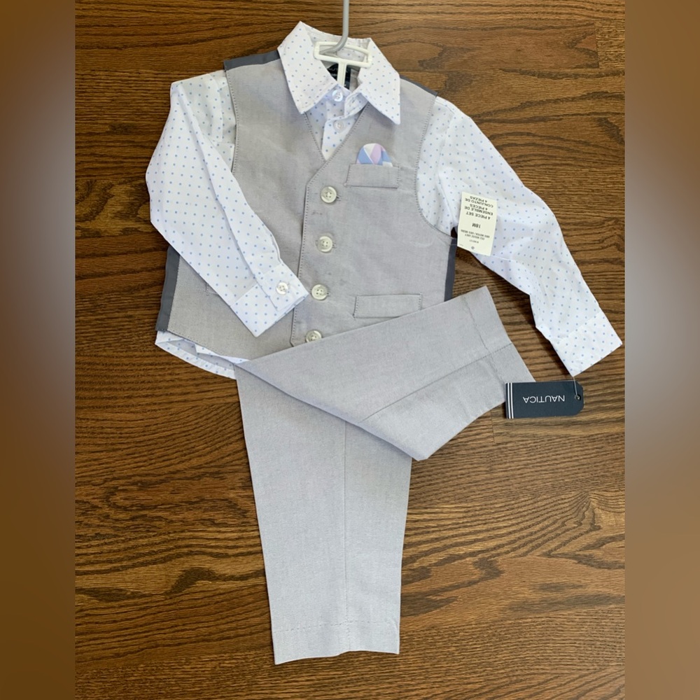 4 piece set, gray, white shirt with baby blue polka dots. Never worn